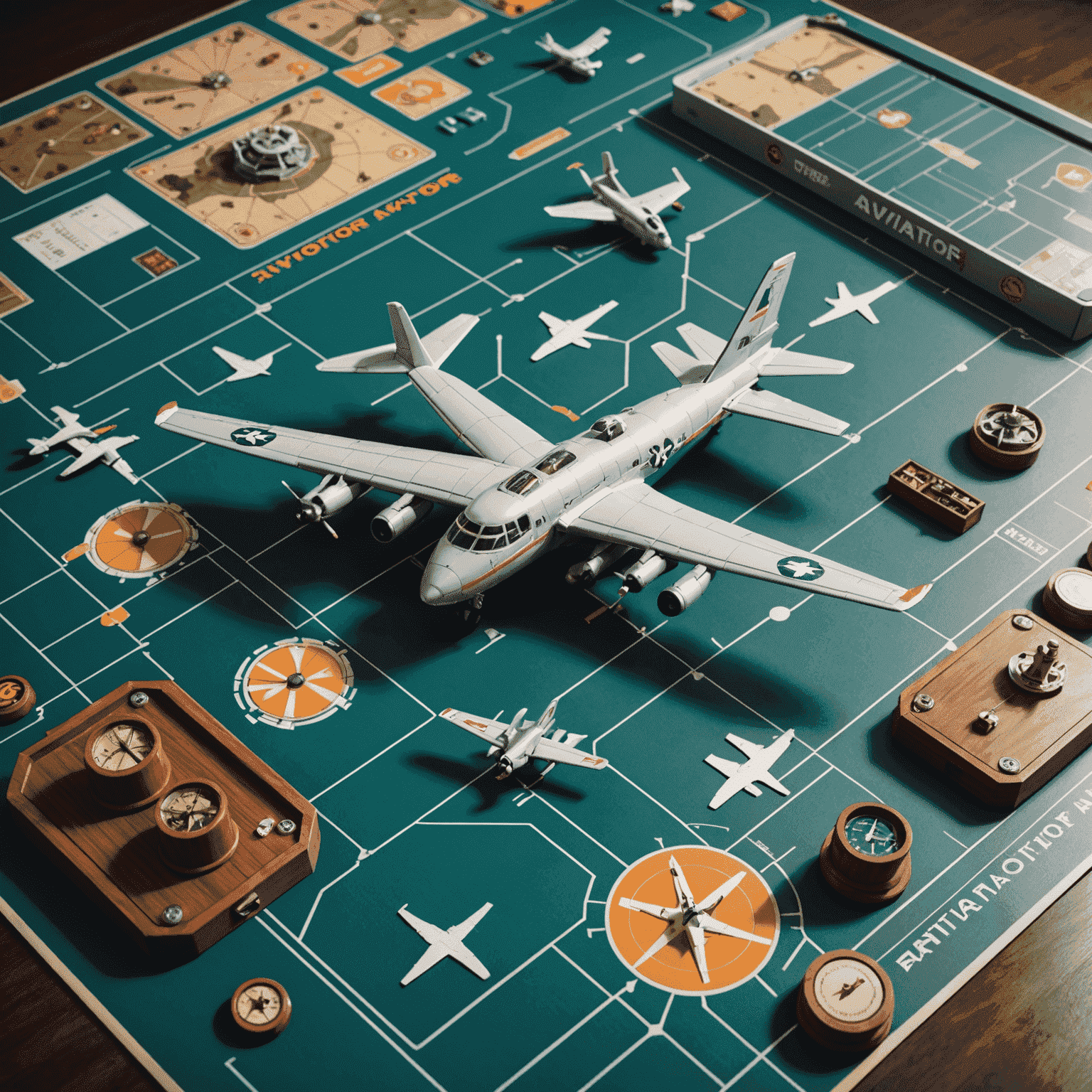 A dynamic image of the Aviator board game set up on a table, with game pieces resembling aircraft and a board designed like an aerial view of runways and airspace. The game components showcase intricate details and high-quality materials.