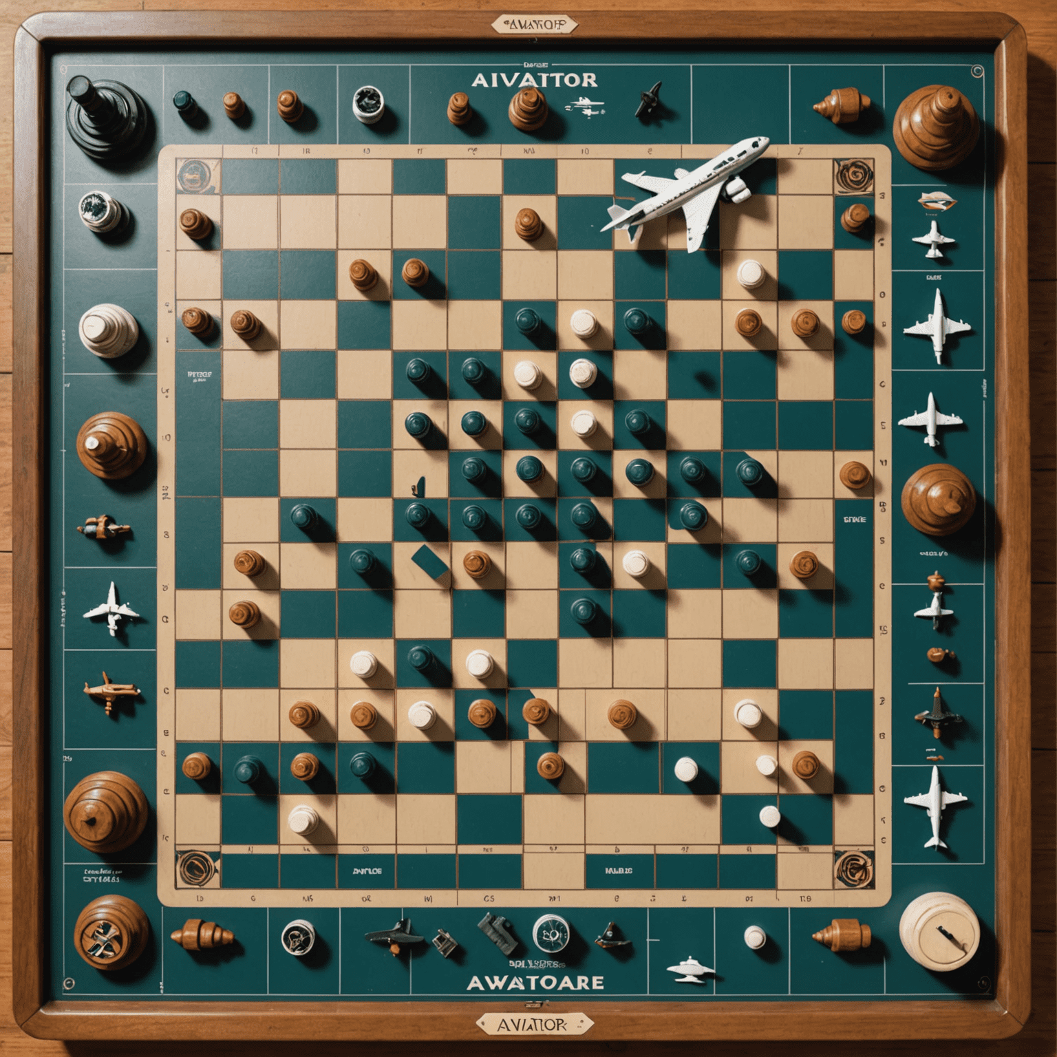 A chessboard-like game setup with airplane pieces, showcasing various strategic positions and moves in the Aviator board game.