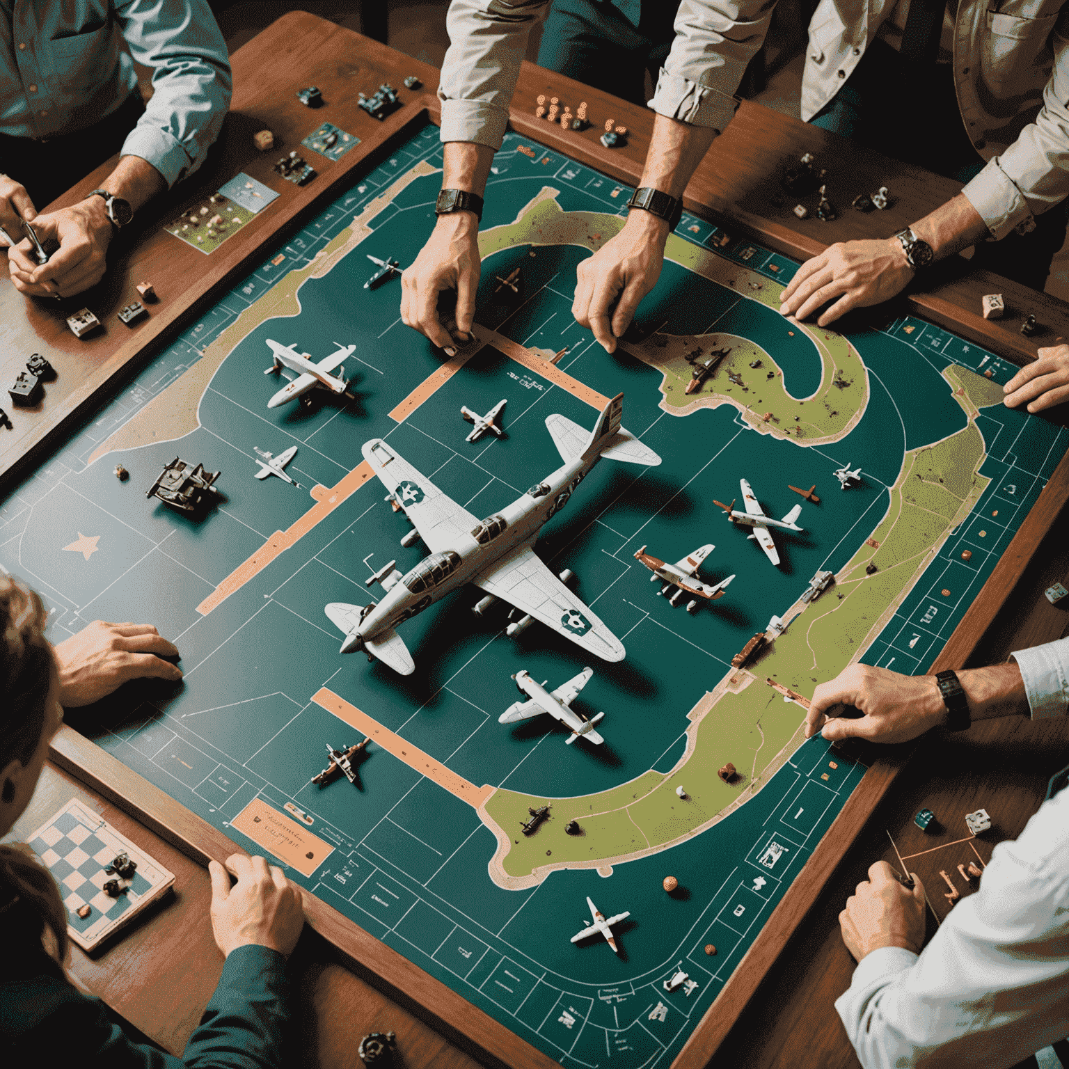 An intense Aviator game in progress, showing a game board with miniature planes and players strategizing their next moves. The image captures the excitement and complexity of the game.