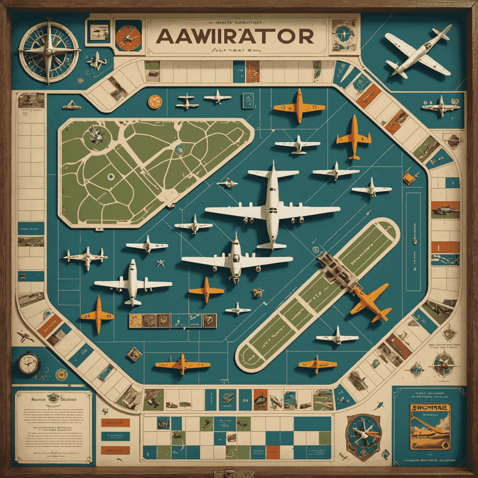 A vintage image of the first Aviator board game set, showcasing its original design with aircraft-inspired game pieces and a board resembling an aerial view of an airport