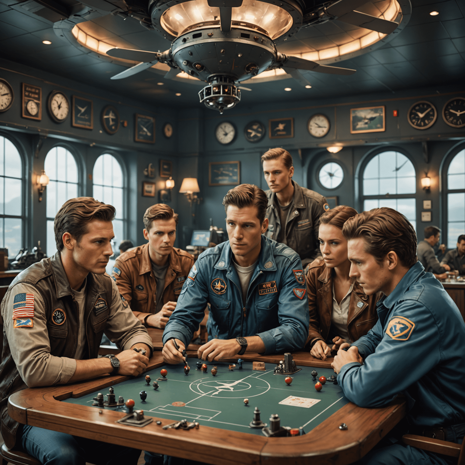 Exciting Aviator tournament scene with players gathered around a game table, intense focus on their faces as they strategize their next moves. The room is decorated with aviation-themed elements, creating an immersive atmosphere.