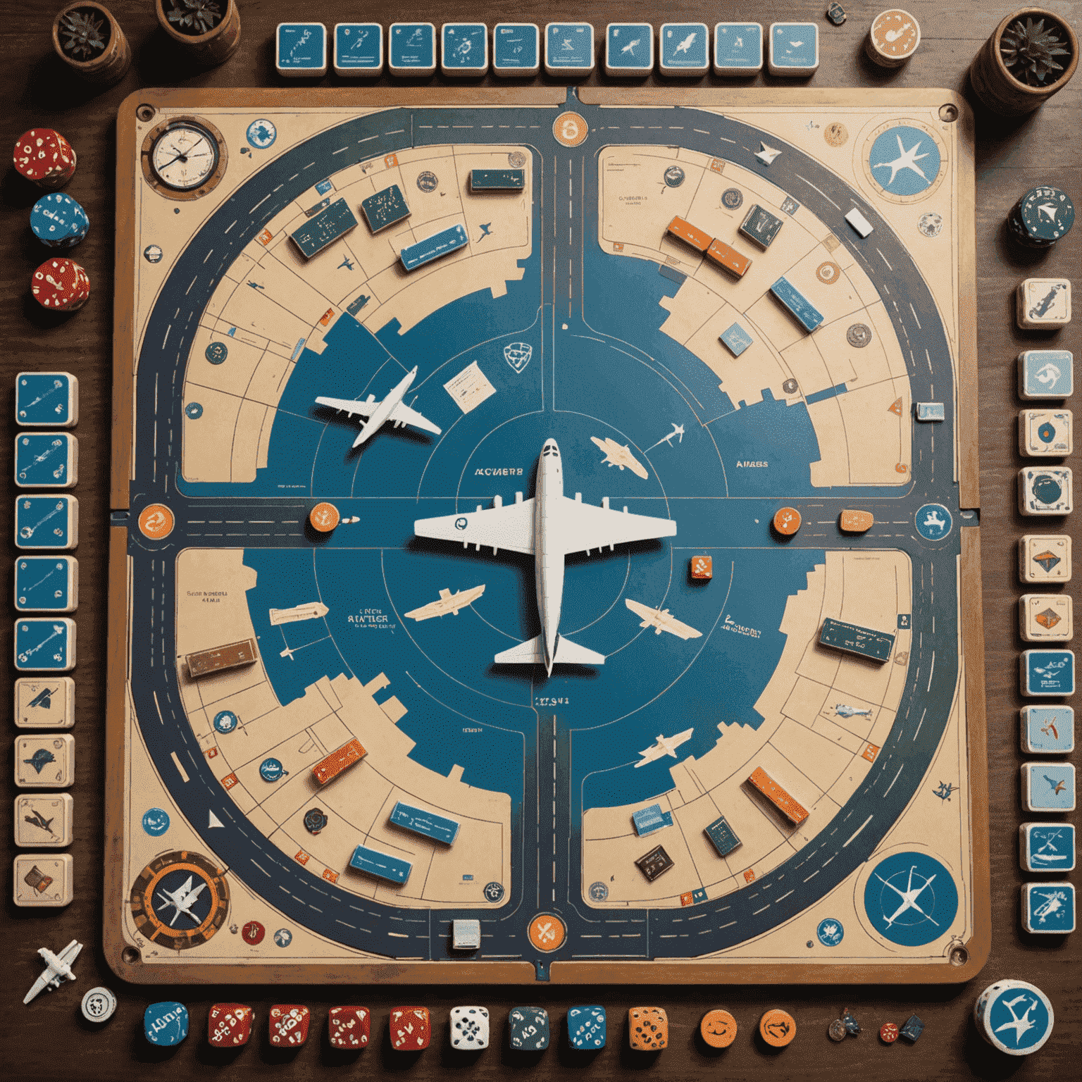 An exciting Aviator game board setup with dice, player tokens shaped like airplanes, and cards featuring various flight routes and challenges. The board resembles an airport with runways and different destinations.