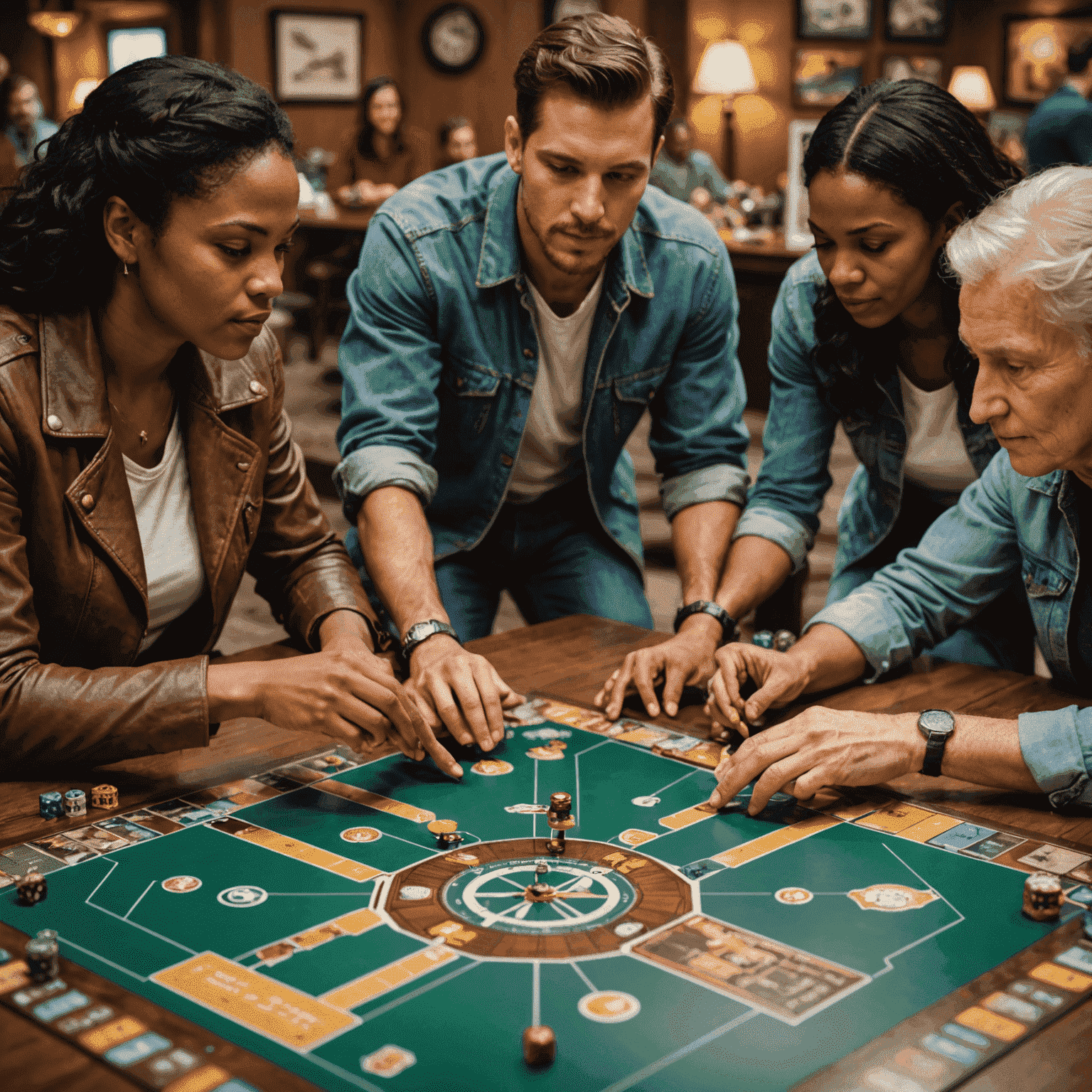 A group of diverse people engaged in playing the Aviator board game, showing intense concentration and enjoyment. The image captures the social aspect of the game, with players of different ages strategizing and interacting around the beautifully designed game board.