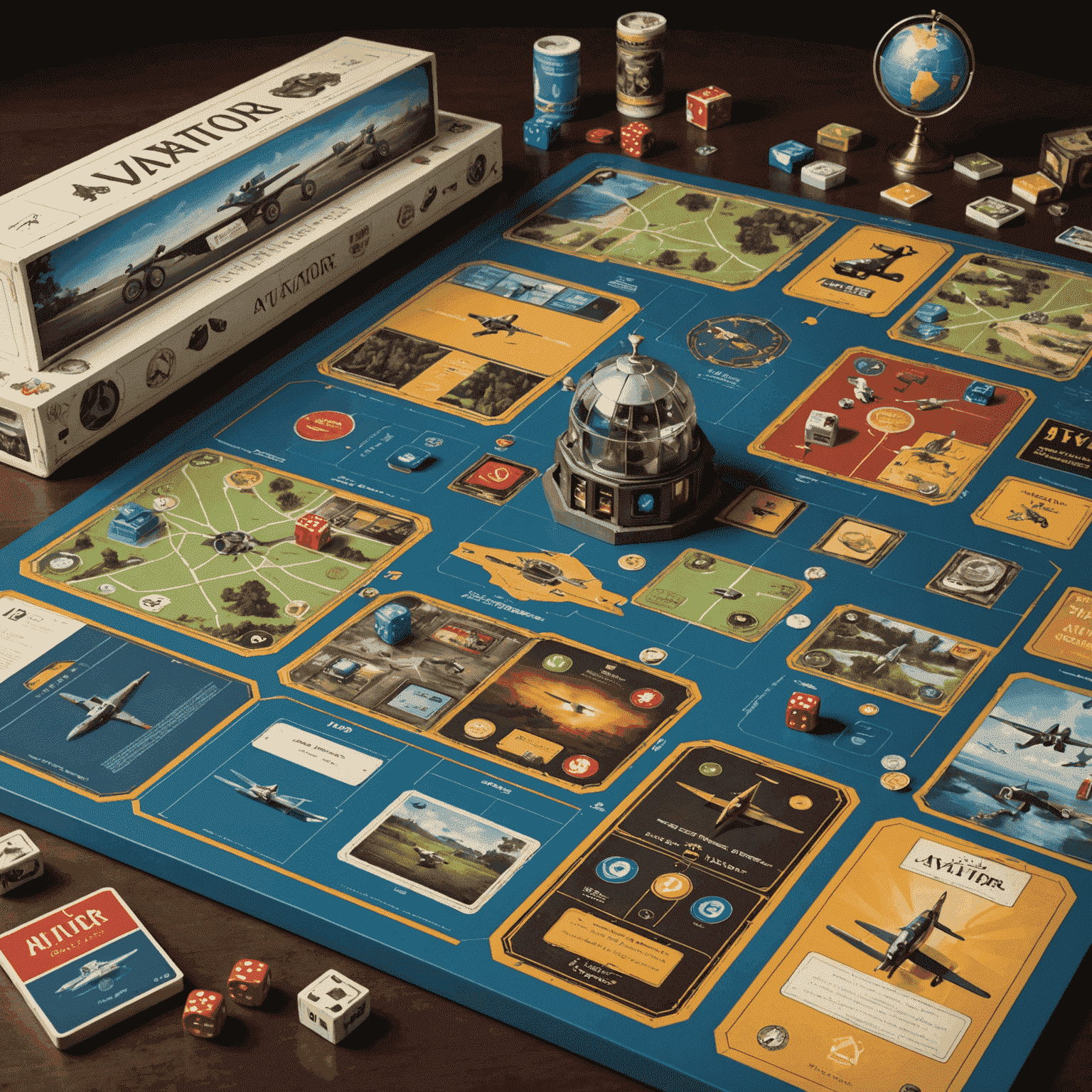 A timeline illustration showing the evolution of the Aviator board game, from its inception to modern versions, with vintage and contemporary game boxes and pieces.