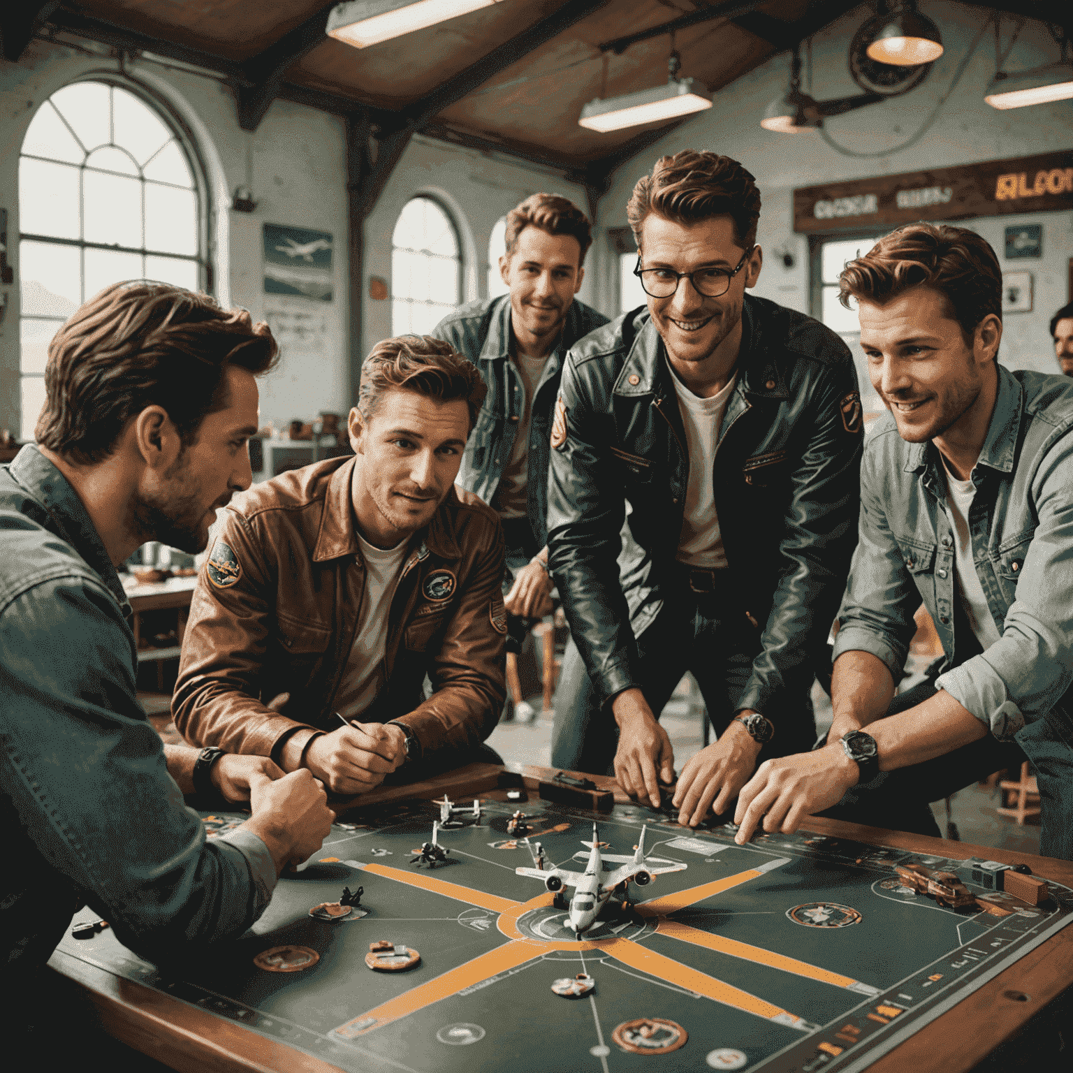 A group of friends enthusiastically playing Aviator, with one player moving their airplane token across the board while others strategize their next moves. The scene captures the excitement and intellectual engagement of the game.