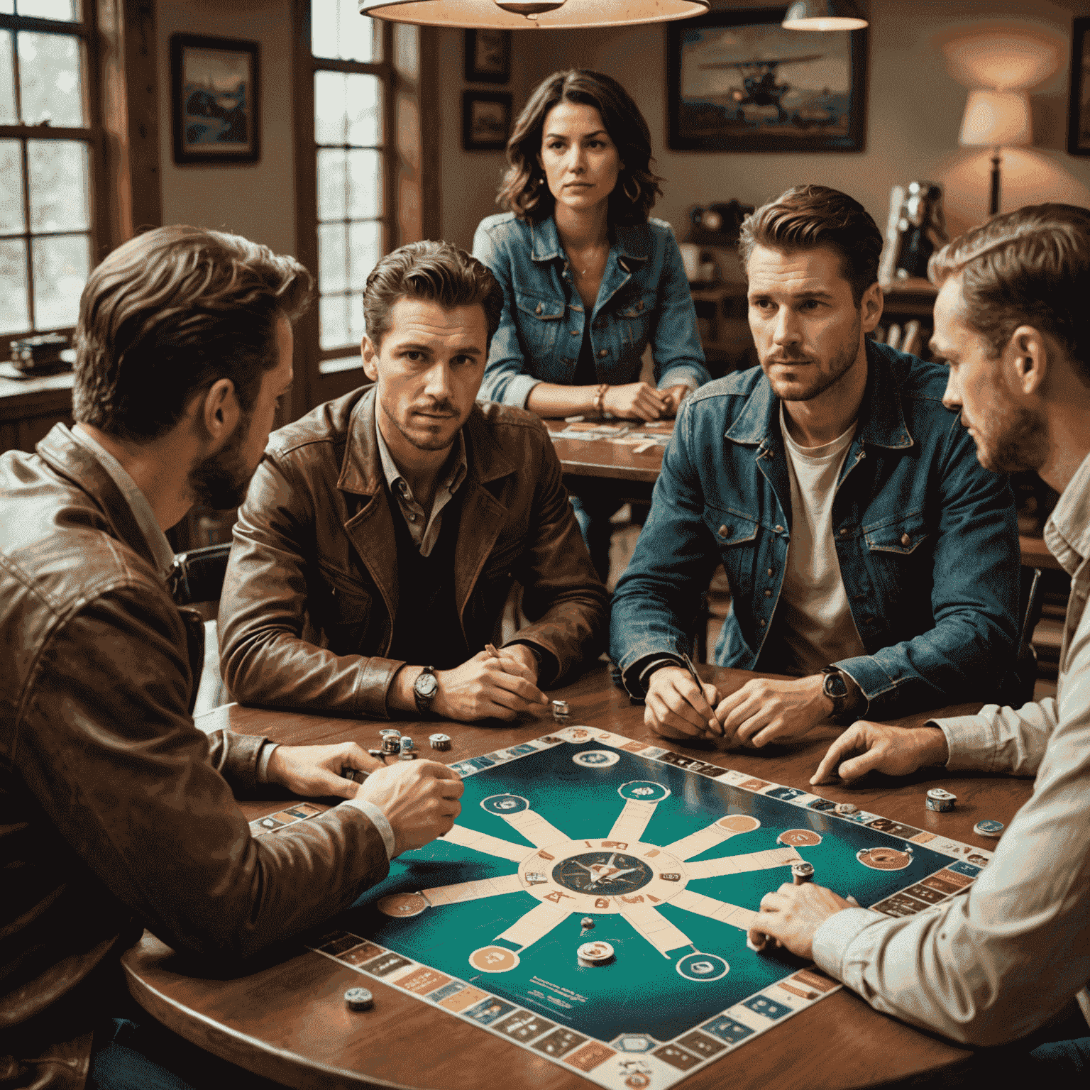 A group of diverse people gathered around a table, engrossed in playing the latest edition of the Aviator board game, with expressions of concentration and excitement on their faces